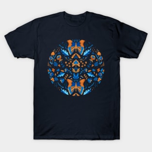 Watercolor blue and ocher butterfly pattern with folk flowers T-Shirt